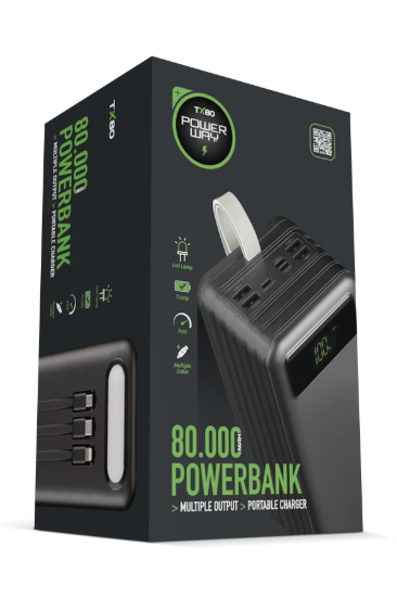 Picture of Powerway 80.000 Mah Kablolu Dijital Göstergeli Gerçek 80.000 Mah Garantili Işıklı Kamp Tx80 Siyah Powerbank